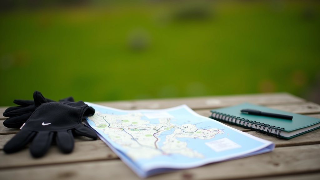 Cycling map and planning materials spread on outdoor table with binoculars and route notes