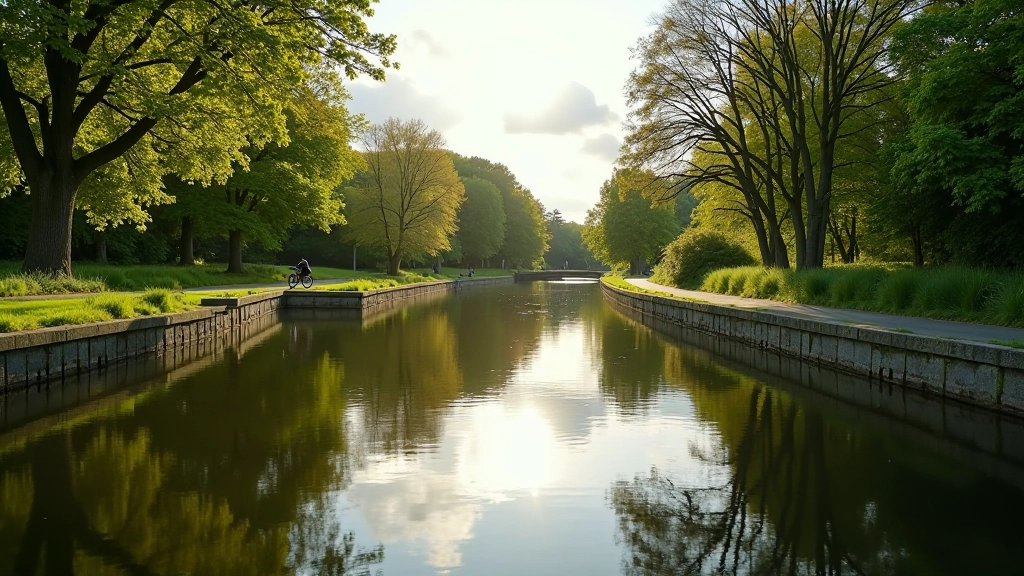 Peaceful canal path with water reflections and cycling route