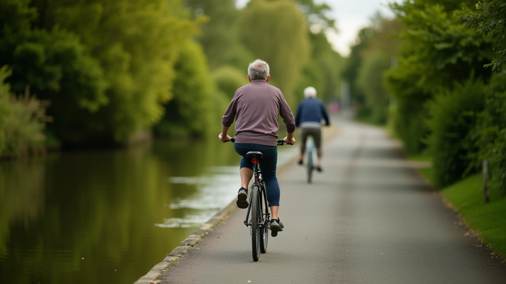 Royal Canal towpath in Dublin with calm water, tree-lined banks, and peaceful cycling environment