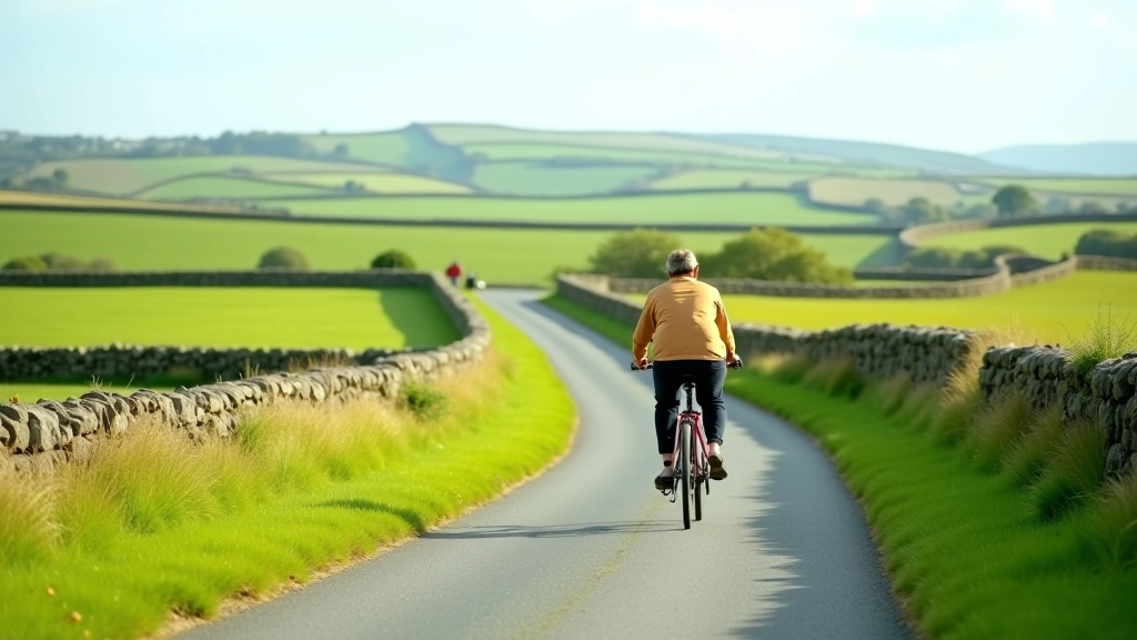 Scenic view of the Great Western Greenway cycling path in County Mayo, Ireland, with green fields and stone walls on either side