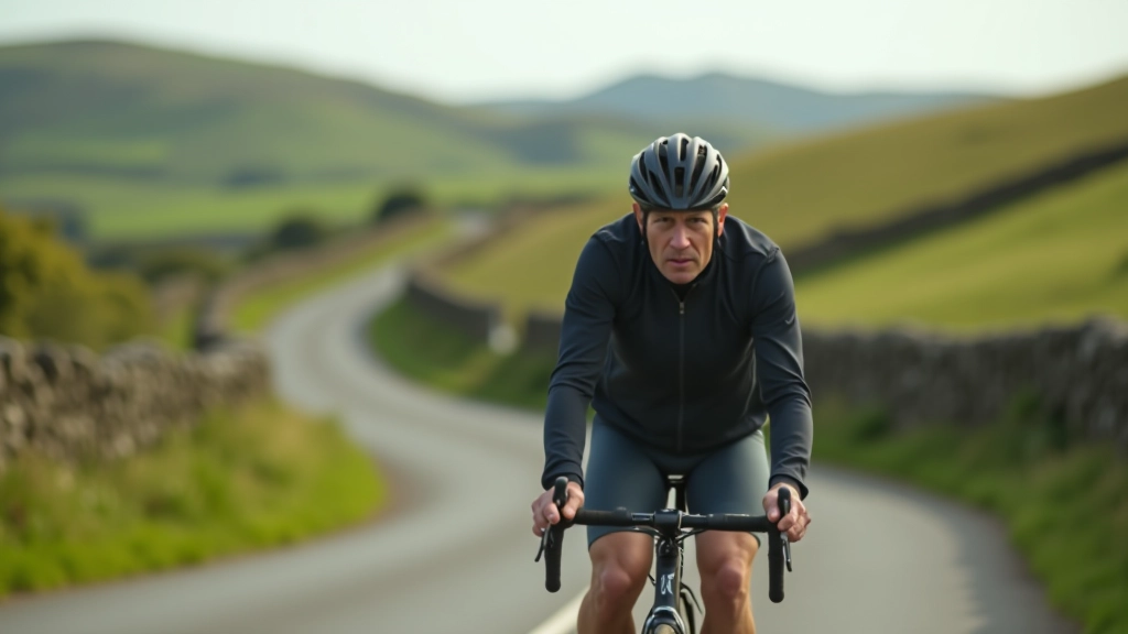 Cyclist riding on a quiet country lane through Burren hills with green vegetation and stone walls on either side