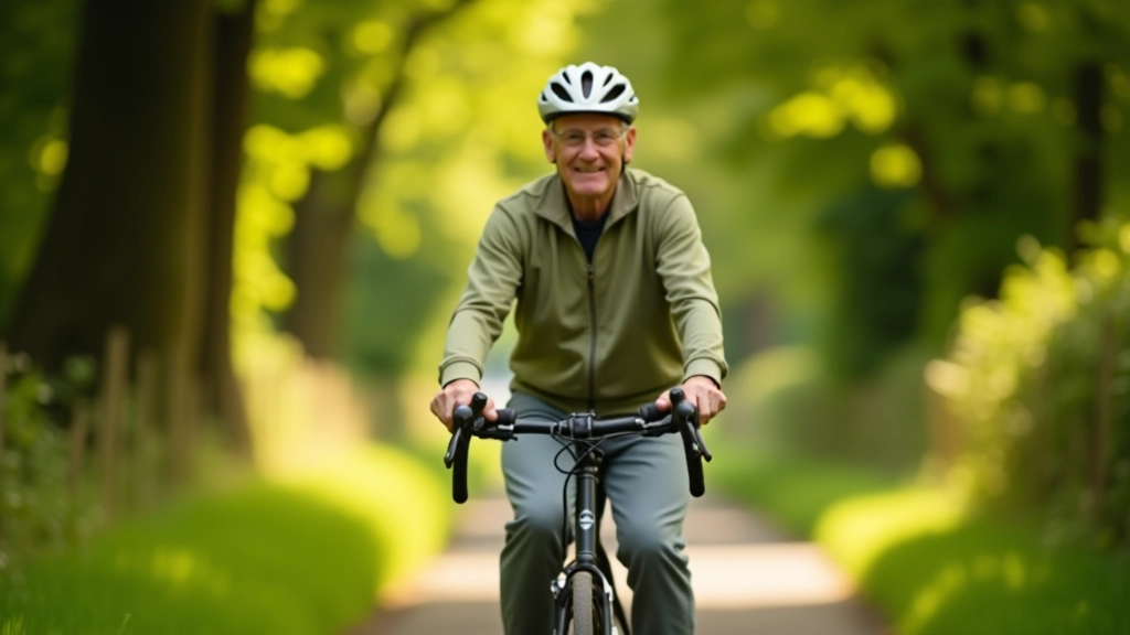 Cyclist on tree-lined cycling path with dappled sunlight, peaceful rural setting