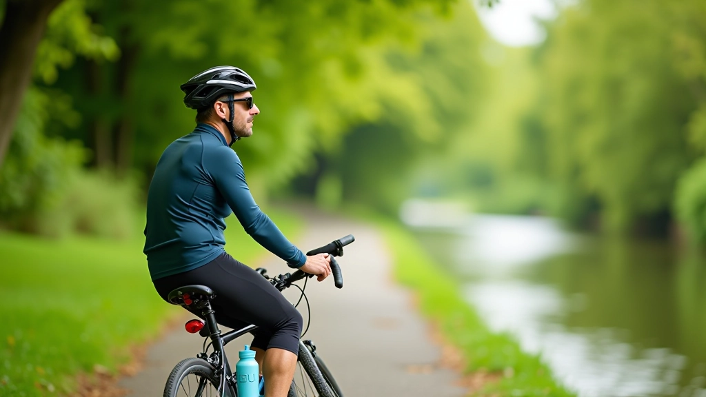 Cyclist on canal path taking a break, water bottle and snacks visible, peaceful canal setting