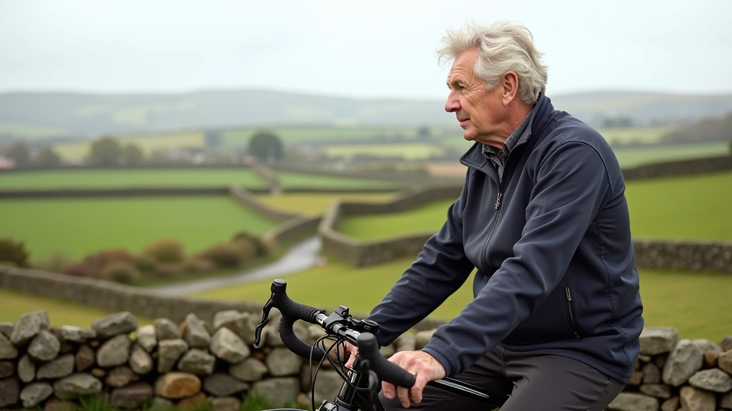 Cyclists resting at a scenic viewpoint overlooking green Mayo countryside with stone walls and rural landscape