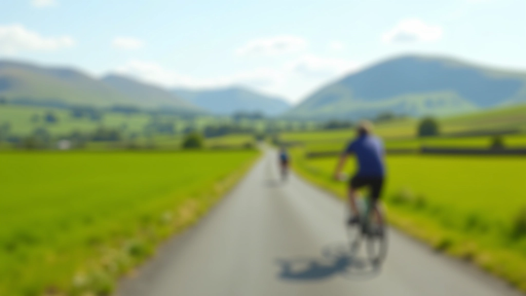 Flat cycling path with green fields and mountains in the distance, typical scenery on the Great Western Greenway