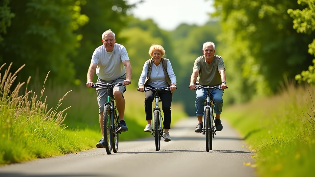 Retirees enjoying a leisurely bike ride on a scenic greenway path in Ireland, sunny day, countryside backdrop