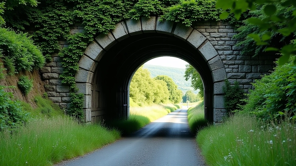 Historic stone railway tunnel entrance with overgrown vegetation and countryside beyond