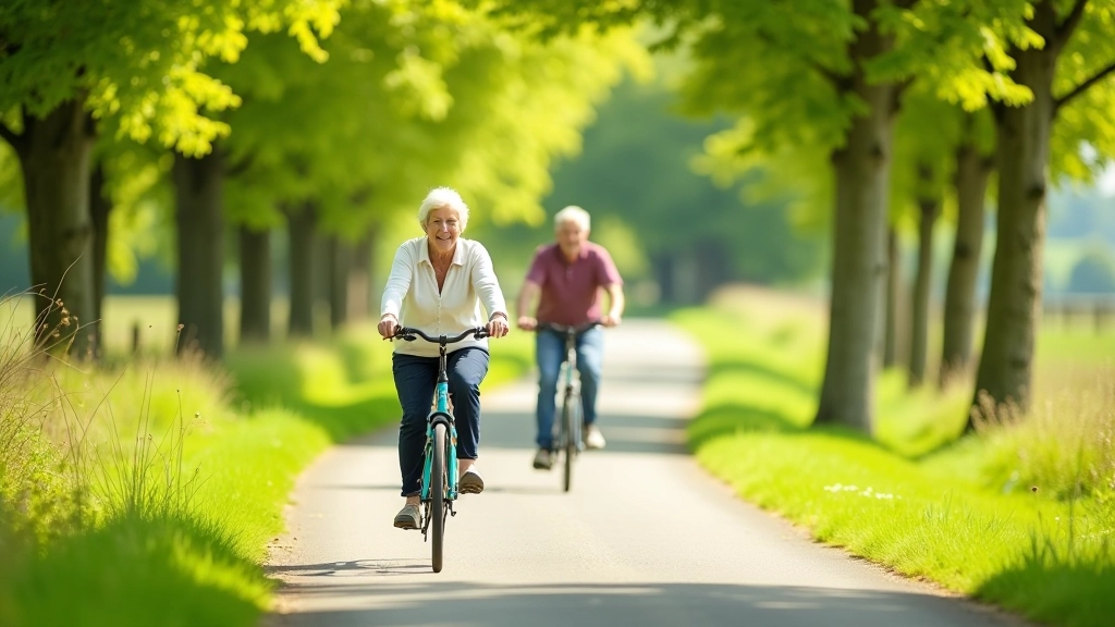 Cyclists riding on a flat, tree-lined greenway path on a sunny day