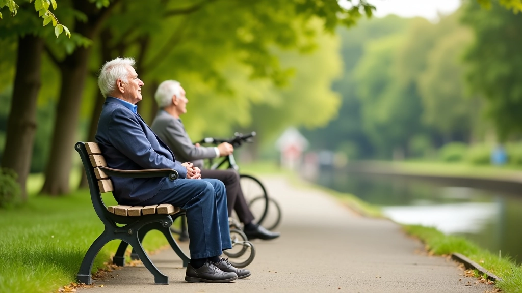 Cyclists relaxing on canal towpath, sitting on bench with bikes nearby, peaceful afternoon