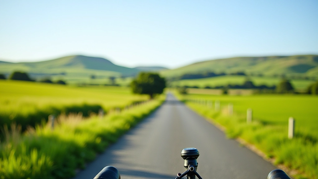 Scenic cycling path through Irish countryside with green fields and clear sky